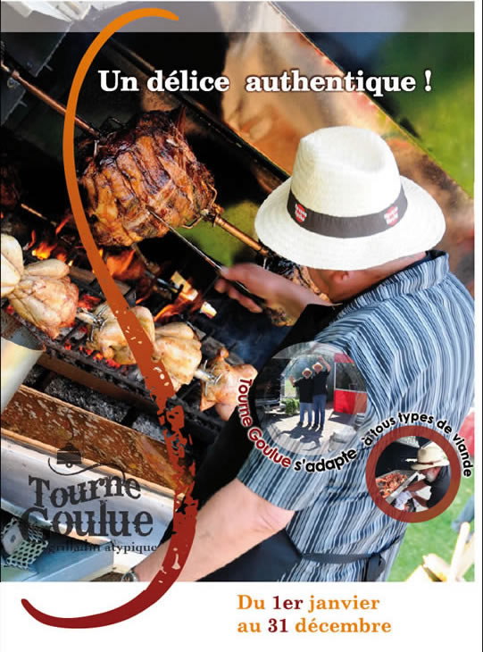 Tourne-Goulue Grilladin atypique vous propose ses services pour vos réceptions Champêtres ,Original et convivial ,idéal pour tous vos événements : fêtes, soirées à thème, anniversaires, mariages et séminaires... Entreprises et particuliers ,Comité d'Entreprises, dégustez et profitez de pièces de viandes cuites au feu de bois dans tous lieu de votre choix (cochon, bœuf, mouton, volailles, gibiers en saison,...) Une rôtissoire mobile capable de vous faire cuire à l'étouffée pas moins de 4 ou 6 cochons et moutons, elle mettra en éveil tous vos sens et comblera tous les palais. Tourne-Goulue vous propose ses méchouis et grillades en vous organisant des grill-party à domicile.Pour vous satisfaire, la Tourne Goulue se déplace sur tous le territoire. Fruit d'une longue réflexion tant d'un point de vue technologique que culinaire, la Tourne Goulue est une véritable curiosité. Son apparence élégante et atypique font d'elle la compagne idéale de vos évènements. La Tourne-Goulue est disponible toute l'année sans discontinuer ,propositions et devis personnalisés , n'hésitez pas a nous contacter pour tous renseignements et informations. Offrez vous la garantie d'un moment festif et convivial. A bientôt